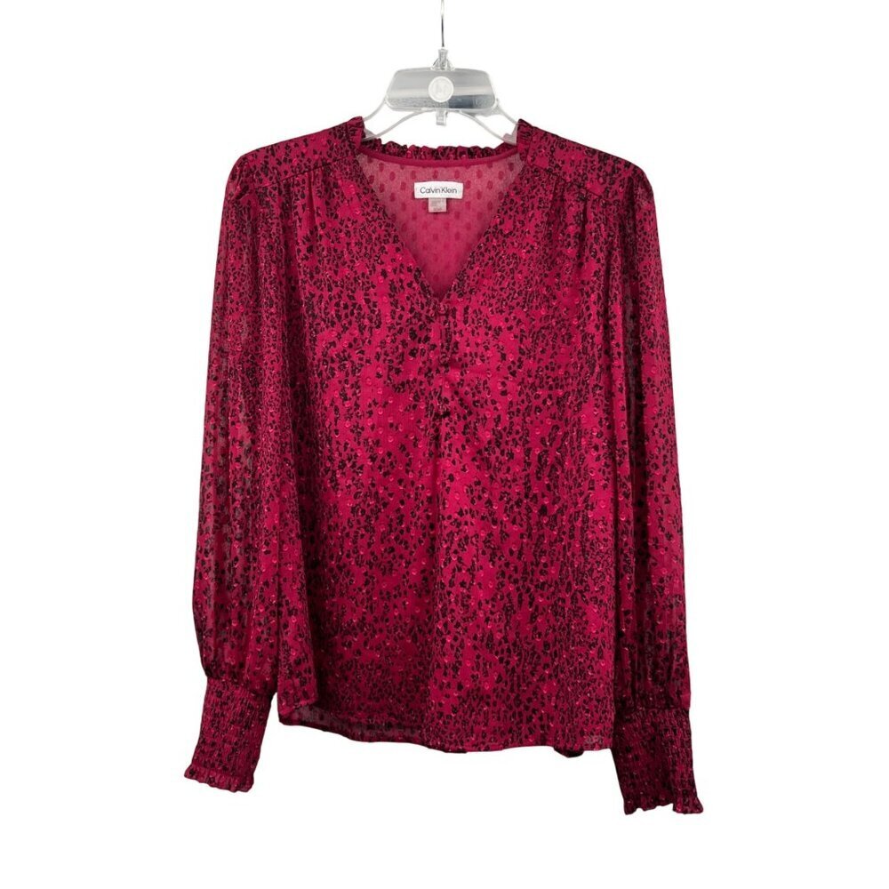Calvin Klein Print Pullover Blouse Long Sleeve Plum/Black Size Small New